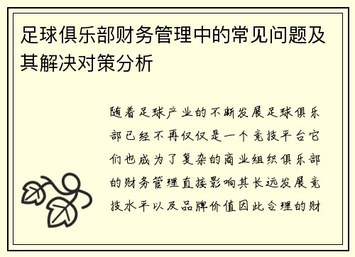 足球俱乐部财务管理中的常见问题及其解决对策分析